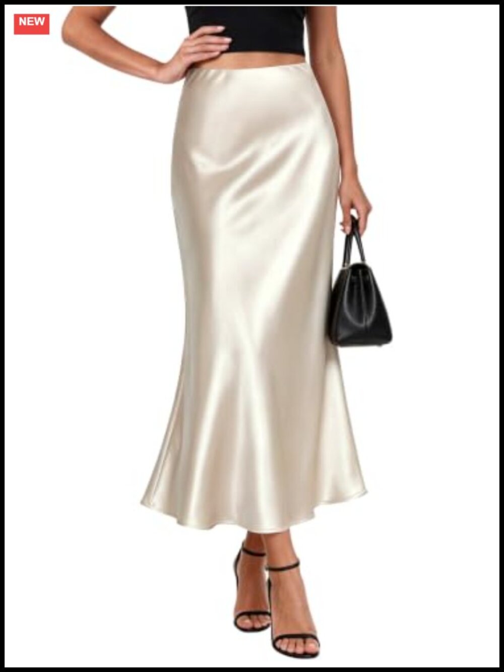 Satin Midi Skirt High Waisted A-Line Silky Pull On Pleated Work Skirt